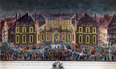 Illuminazioni del palazzo episcopale della città di Strasburgo durante le celebrazioni date dalla città durante il soggiorno del re Luigi XV (1710-1774) in convalescenza dopo una grave malattia il 5/10/1744. Stampa d