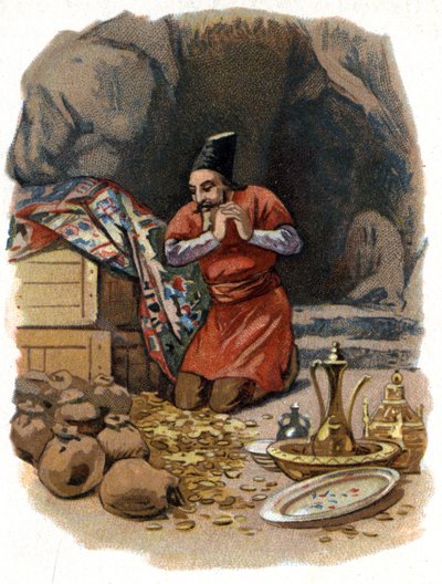 Illustrazione per le Mille e una notte. Ali Baba entra nella roccia dicendo, Sesamo apriti e vede barili d
