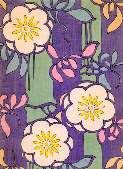 Illustrazione di fiori in fiore su sfondo lavanda e verde da Unknown artist