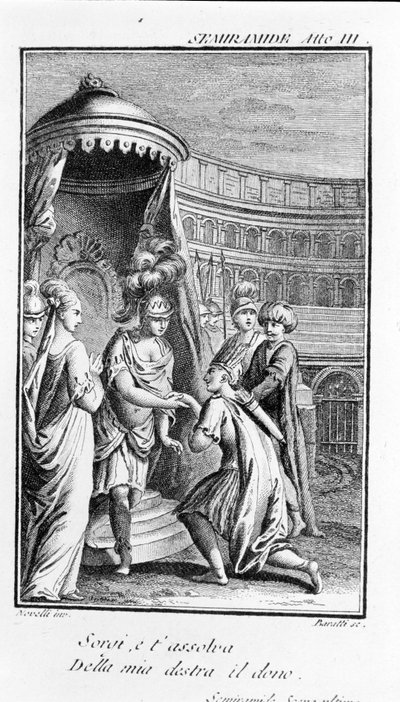 Illustrazione di Semiramide, opera di Antonio Salieri (1750 - 1825). Libretto di Pietro Metastasio. Atto III, ultima scena. da Unknown artist