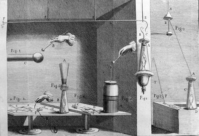 Illustrazione degli esperimenti di Luigi Galvani, fisico e medico italiano (1737 - 1798) che spiegano il passaggio della corrente elettrica che muove le gambe di una rana da Unknown artist
