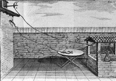 Illustrazione degli esperimenti di Luigi Galvani, fisico e medico italiano (1737 - 1798) che spiegano il passaggio della corrente elettrica che muove le zampe di una rana da Unknown artist