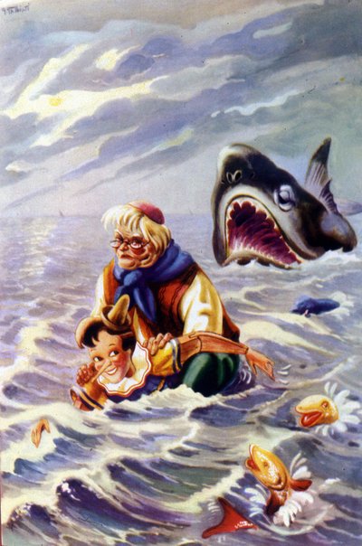 Illustrazione della fiaba di Pinocchio di Carlo Collodi: Pinocchio e Geppetto inseguiti da un enorme pesce da Unknown artist