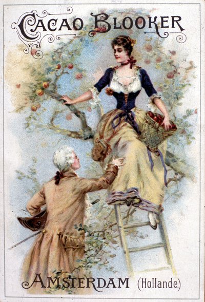 Illustrazione pubblicitaria per il cacao Blooker che rappresenta un giovane alla moda del XVIII secolo che aiuta una giovane donna a scendere da una scala. da Unknown artist