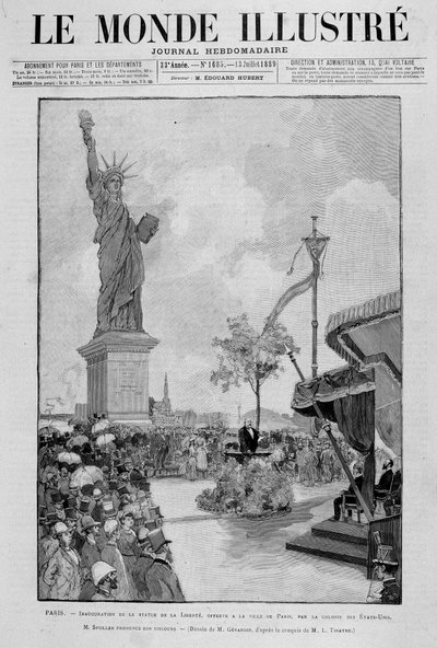 Inaugurazione della Statua della Libertà in riduzione (replica), offerta alla Città di Parigi dagli Stati Uniti - in "The Illustrous World" del 13/07/1889 da Unknown artist