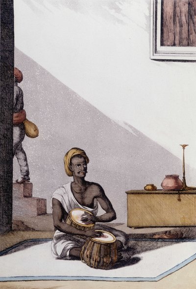 Cultura e civiltà indiana: musicista che suona le tablas, strumento musicale tradizionale, India. Incisione del 1808 da Unknown artist