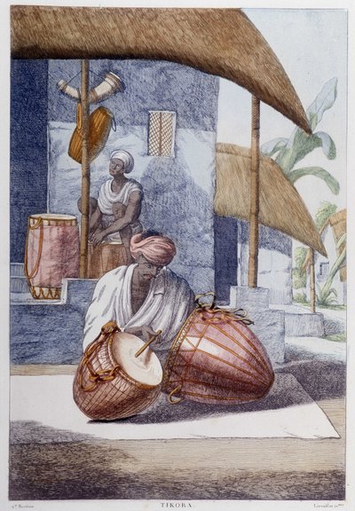 Cultura, civiltà e società indiana: musicista con percussioni tradizionali indiane (Tikora). Incisione del 1808. da Unknown artist