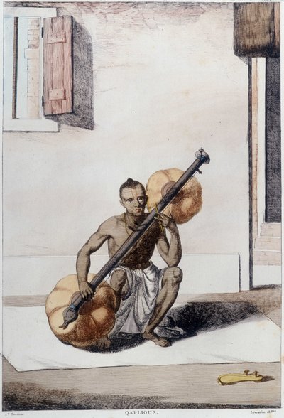 Cultura, civiltà e società indiana: musicista con strumento a corda tradizionale indiano. Incisione del 1808. da Unknown artist