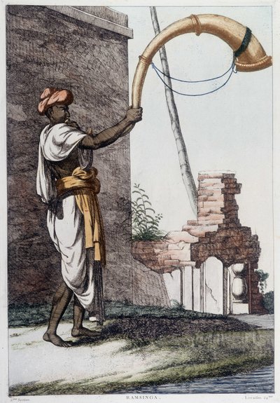 Cultura, civiltà e società indiana: musicista con strumento a fiato tradizionale indiano (Sournae). Incisione del 1808 da Unknown artist