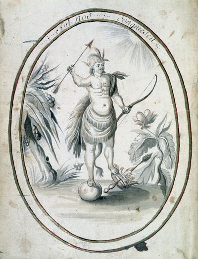 Indiano del Canada con arco e frecce - frontespizio del manoscritto "Dialogue or interview of a French with a savage" da Unknown artist