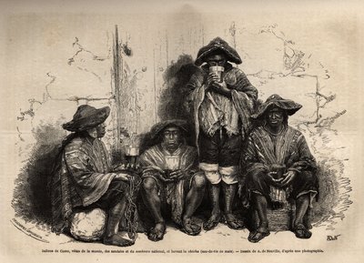 Indiani di Cuzco (Perù), vestiti con la manta, sandali e sombrero tradizionale, impiegati come manodopera per lo sfruttamento dei depositi di guano nelle Isole Chincha, bevendo shisha, ma brandy fermentato. Incisione per illustrare Les iles Chincha, raccon da Unknown artist