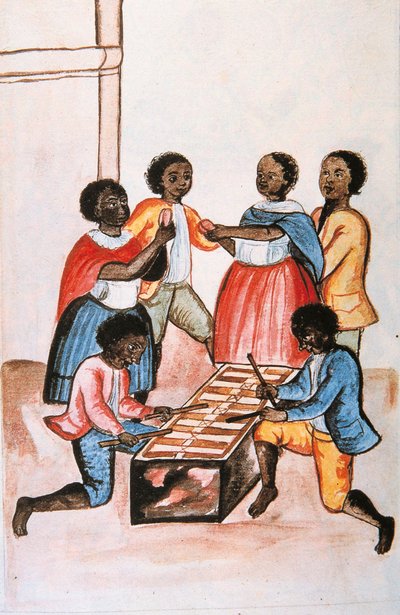 Indiani che suonano la marimba (marimbafono) e ballano, dal libro "Trujillo del Peru" o "Codice Martínez Compañón", di Baltazar Martinez Compañón y Bujanda, vescovo di Trujillo (1782-1785) da Unknown artist