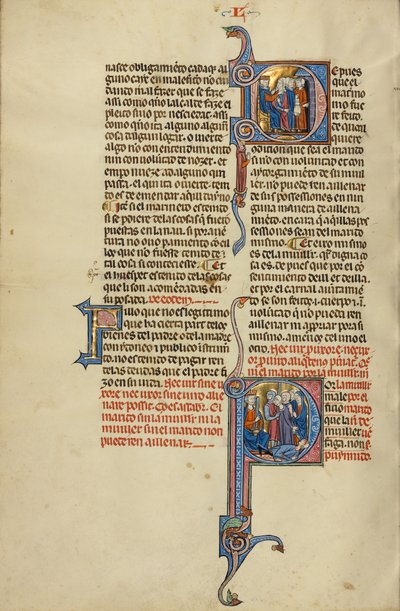 Iniziale D: Una donna che accusa il marito davanti a un giudice; iniziale P: Una coppia guidata da soldati davanti al re. da Unknown artist