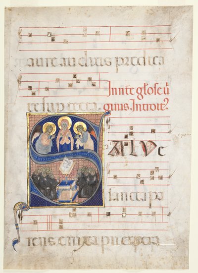 Iniziale S[alve sancta parens] con la Vergine Adorata dagli Angeli e Monaci Benedettini Cantanti: Foglio Singolo da un Graduale da Unknown artist
