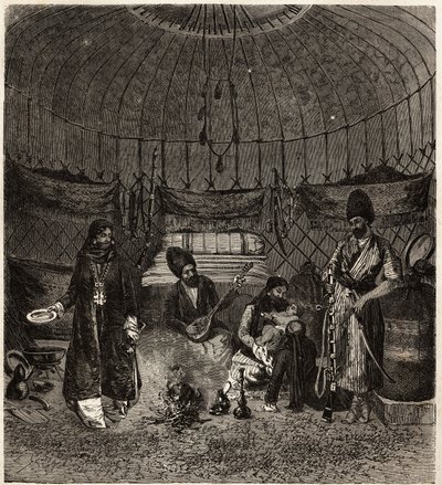 Dentro una tenda turca (Turkmena, Iraq), casa di una famiglia, con un barhchi (musicista, narratore) accompagnato dal dutare per cantare o recitare poesie. Incisione per illustrare la storia di Henri de Blocqueville 