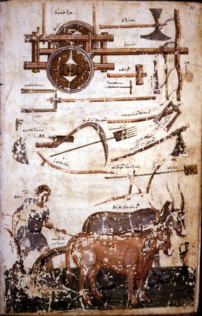 Strumenti per lavorare il campo e un uomo che ara - in "Scutum Herculis (Lo Scudo di Eracle)" di Esiodo da Unknown artist