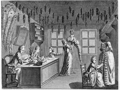 Interno di un laboratorio di piumai nel XVIII secolo. Incisione del XVIII secolo. da Unknown artist