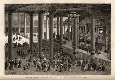 Vista interna di un grande tempio buddista, appartenente al Taikoun (sovrano temporale del Giappone) a Yedo (o Edo, capitale imperiale, odierna Tokyo). Incisione per illustrare il viaggio in Giappone, nel 1863-1864, di Aime Humbert, ministro della Confeder da Unknown artist