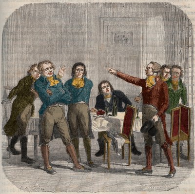 Intervista tra Jean-Paul Marat (1743-1793), Maximilien de Robespierre (1758-1794) e Georges Jacques Danton (1759-1794) il 28 giugno 1793 in un caffè parigino in Rue du Paon. Incisione in “Histoire nationale illustrée de la France”. XIX secolo da Unknown artist