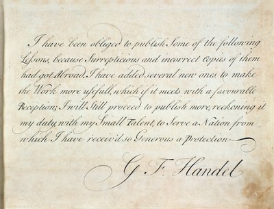 Pagina introduttiva dove il compositore spiega le ragioni per cui ha pubblicato, dalla Suite di pezzi strumentali di G. F. Handel da Unknown artist