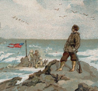 Isaac Israel Hayes (1832-1881) con la bandiera americana sulle rive del mare polare. Cromolitografia della fine del XIX secolo da Unknown artist