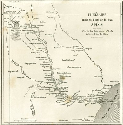 Itinerario lungo il fiume Hai He vicino a Tien Tsin (Tianjin) fino a Pechino, Cina. Carta, in "Le Tour du Monde, Nouveau journal des Voyages", edito da Edouard Charton, Parigi da Unknown artist