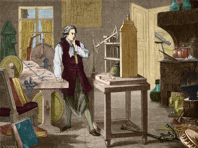James Watt che studia il perfezionamento della macchina di Newcomen (1767) (motore a vapore) - in "Album della Scienza; illustri scienziati; Grandi scoperte" 1896 da Unknown artist