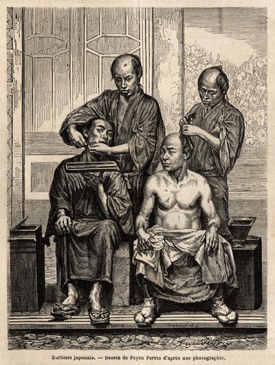 Barbieri giapponesi nel loro negozio, uno che rade una barba, l