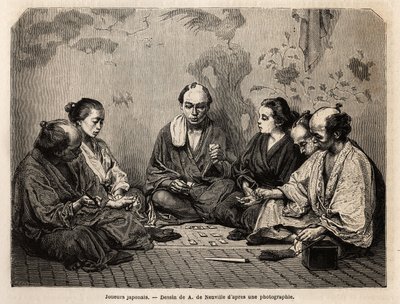 Giocatori giapponesi nel mezzo delle carte. Incisione per illustrare il Giappone, racconto di viaggio di Aime Humbert, ministro della Confederazione Svizzera, nel 1863-1864, pubblicato in “Le tour du monde, nouveau journal des voyages”, sotto la direzione  da Unknown artist