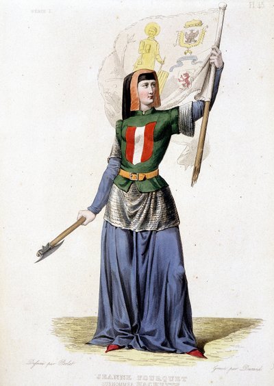 Jeanne Laisné, conosciuta come Jeanne Fourquet, soprannominata Jeanne Hachette, eroina francese (1456?). Incisione del 1835 da Unknown artist