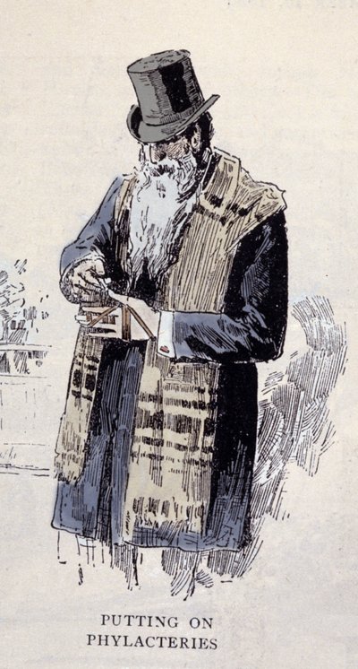Religione ebraica: un vecchio ebreo che indossa il talit (o tzitzit), incisione del 1890 da Unknown artist