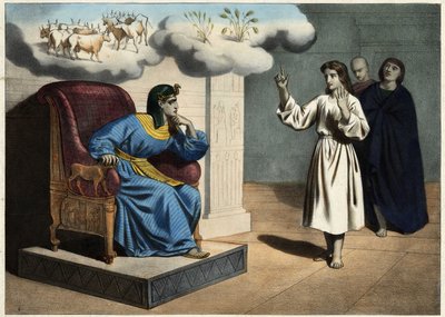 Giuseppe spiega il significato del sogno del Faraone (cioè: le sette vacche grasse e le sette vacche magre, e le sette spighe di grano piene e le sette spighe bruciate dal vento). Incisione anonima della metà del XIX secolo da Unknown artist