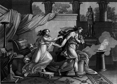 Giuseppe fugge dalla moglie di Putifarre che cerca di sedurlo. Litografia del XIX secolo da Unknown artist