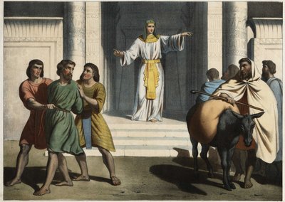 Giuseppe tiene Simeone in ostaggio: Giuseppe il Patriarca chiede ai suoi fratelli di presentargli il giovane Beniamino e tiene Simeone in ostaggio in attesa del loro ritorno. Incisione anonima della metà del XIX secolo da Unknown artist