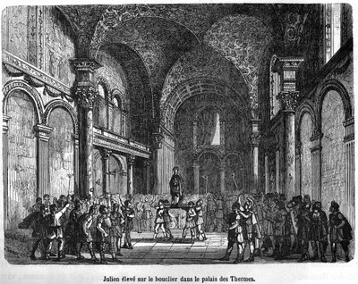 Julien (Flavius Claudius Julianus 331 - 363) sollevato sullo Scudo nel Palazzo Termale - in Histoire de France di Henri Martin, XIX secolo da Unknown artist