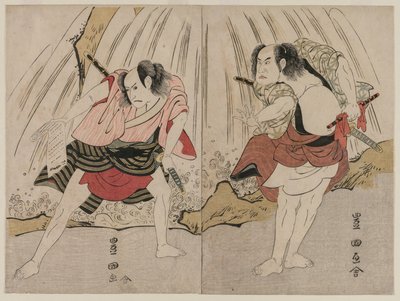 Kataoka Nizaemon VII e Ichikawa Yaozo III in un confronto accanto a una cascata da Unknown artist