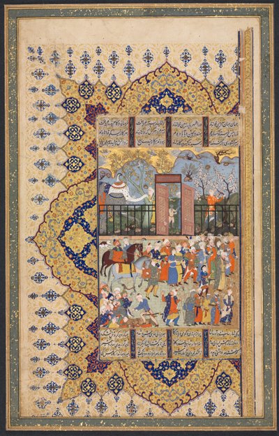 Il re Luhrasp sale al trono: una processione arriva a corte, recto del foglio sinistro di una composizione a doppia pagina da uno Shahnama (Libro dei Re) di Firdausi (940-1019 o 1025) da Unknown artist