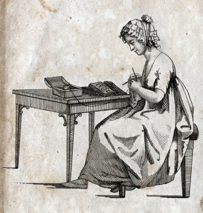 Macchina per maglieria: donna impegnata a lavorare a maglia (maglieria). Incisione fine XVIII secolo. Collezione privata. da Unknown artist