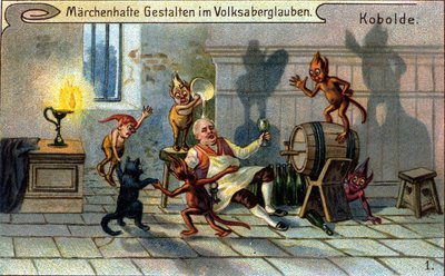 Koboldes, piccoli elfi o farfadets della tradizione popolare tedesca. Cromolitografia del XIX secolo da Unknown artist