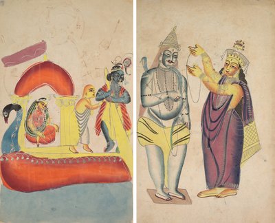 Krishna Traghetta Radha Attraverso il Fiume Yamuna (recto); Parivati che Pone una Ghirlanda Nuziale su Shiva (verso) da Unknown artist