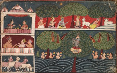 Krishna ruba i vestiti delle lattaie e spiega la virtù degli alberi, da un Braj Bhagavata Purana da Unknown artist