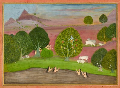 Krishna ruba i vestiti delle gopi, foglio da un <em>Bhagavata Purana</em> da Unknown artist
