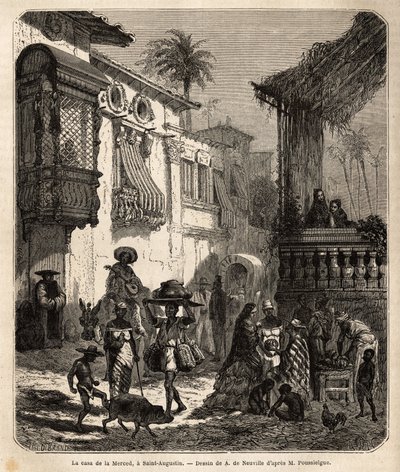 La casa de la Merced (ora Mercy Street) a Saint Augustine, la città più antica degli Stati Uniti (Stati Uniti), fondata dagli spagnoli nel 1565; strada principale della città, piccola e popolosa, con vari animali e un singolare miscuglio di vari tipi ameri da Unknown artist