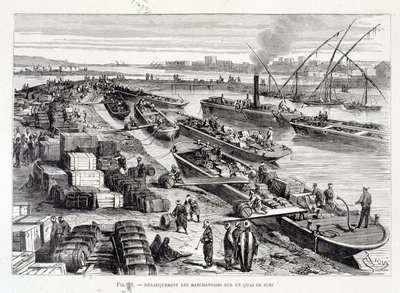 Sbarco di merci su un molo nel Canale di Suez da Unknown artist