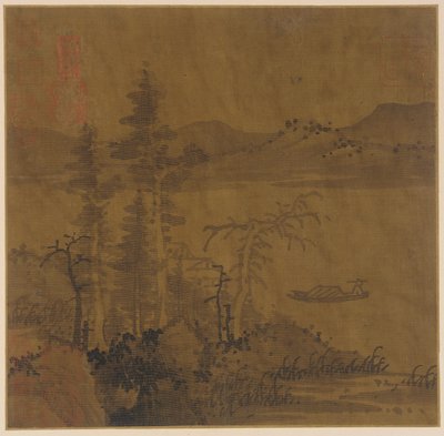 Paesaggio: fiume e barca, alberi alti e colline lontane da Unknown artist