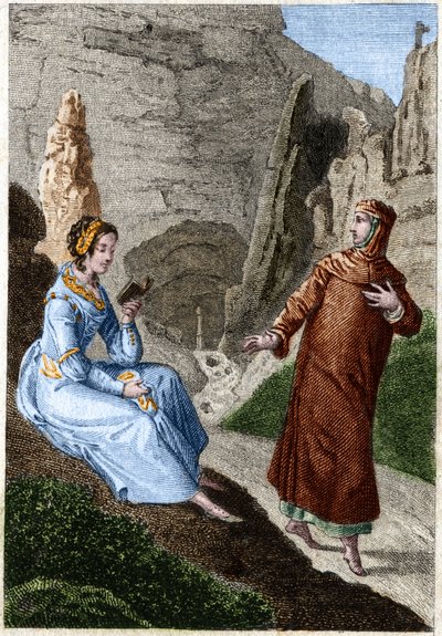 Laure de Noves (Laura) e Francesco Petrarca (Petrarca) (poeta e umanista italiano 1304 - 1374). Incisione della fine del XVIII secolo da Unknown artist