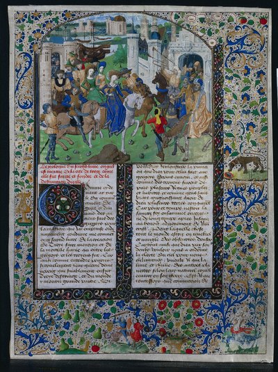 Foglio dalla "Cronaca Universale" di Jehan de Courcy: Re Priamo incontra Elena e Paride fuori dalle porte di Troia da Unknown artist