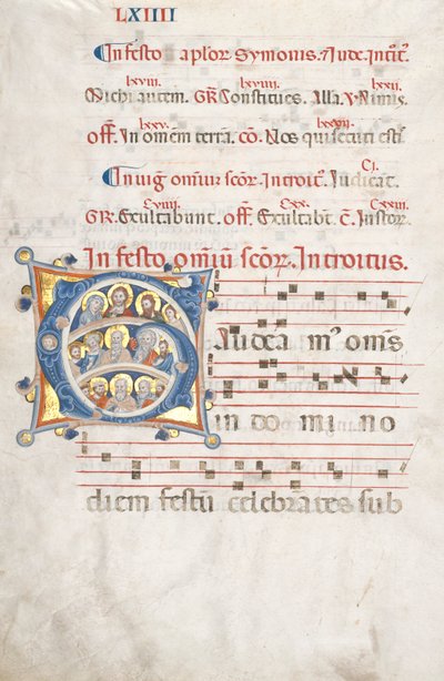 Foglio da un Graduale: Iniziale (G) con Cristo, la Vergine e gli Apostoli da Unknown artist