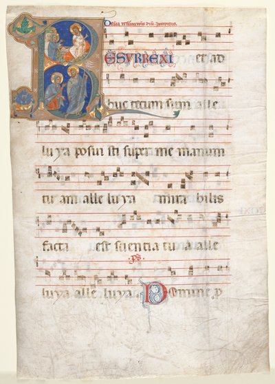 Foglio da un graduale: Iniziale (R) con le tre Marie al sepolcro e "Noli me Tangere" da Unknown artist