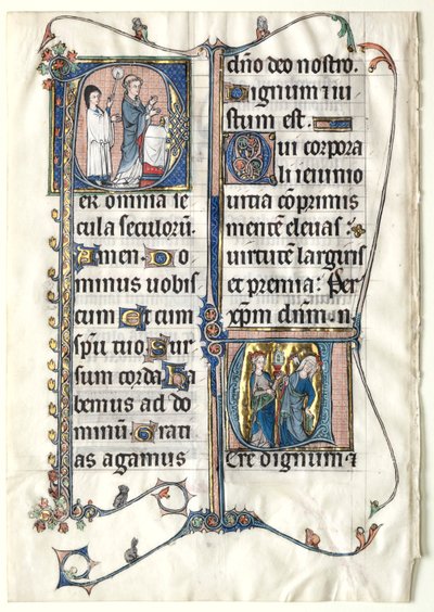 Foglia da un messale con due iniziali istoriate: Iniziale P[er omnia saecula saeculorum] (Un sacerdote celebra la messa) e Iniziale V[ere dignum et iustum est] (Ecclesia e Sinagoga) da Unknown artist